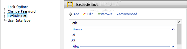 Showing the IObit Protected Folder exclude list panel